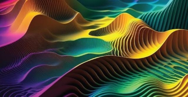 A cascading wave of multicolored mountains
