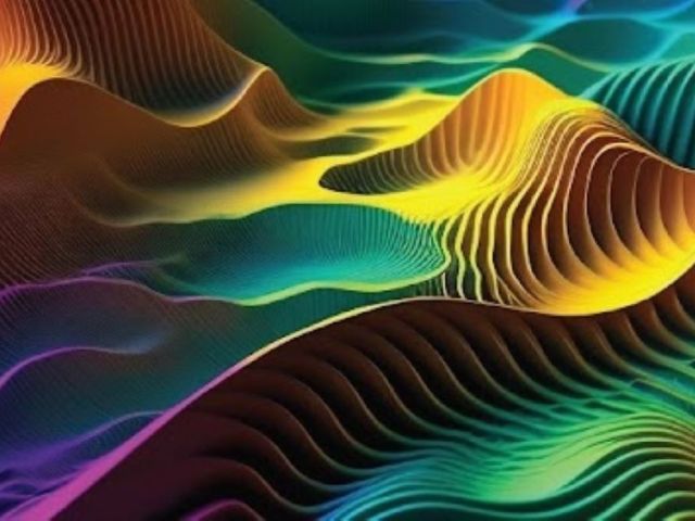 A cascading wave of multicolored mountains