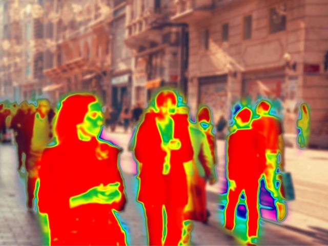 Pedestrians, shaded in red, yellow, and green, walking